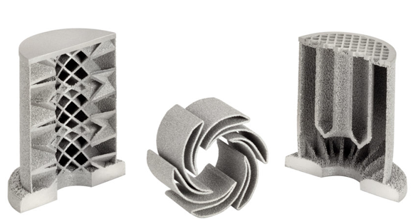 Mott uses metal Additive Manufacturing to produce a range of products, including these complex solid-porous structures (Courtesy Mott Corporation)
