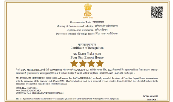 INDO-MIM has been awarded a Four Star Export House certificate (Courtesy INDO-MIM)