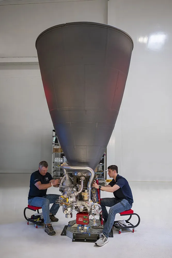 The new L3Harris RL10E-1 rocket engine features an additively manufactured copper thrust chamber built with 98% fewer parts than traditional RL10 engines (Courtesy L3Harris Technologies)