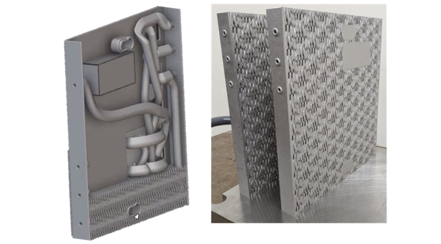 Fig. 4 Computational design (left) and a complex additively manufactured gas delivery manifold solution (right) for thin-film processing equipment (Courtesy Veeco Instruments)