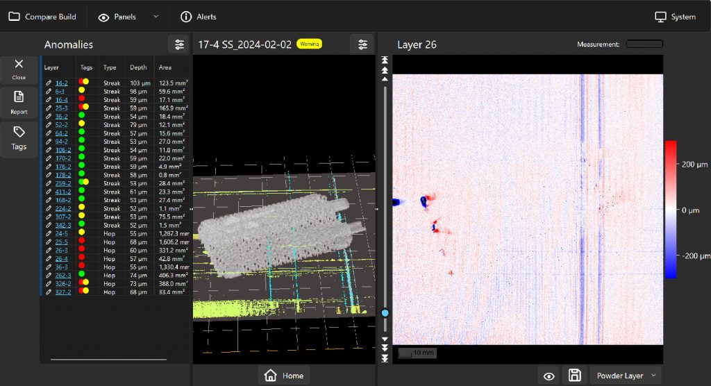 Fig. 6 Fringe Operator identifies part protrusions and powder hops in real-time (Courtesy Phase3D)