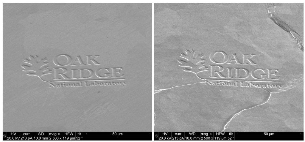 Fig. 7 PBF-EB tungsten specimens exposed to high heat flux fusion plasma at the DIII-D National Fusion Facility. Before exposure (left) and after exposure (right) (Courtesy of ORNL and Sandia National Laboratory - photos taken by J Coburn and R Kolasinski)