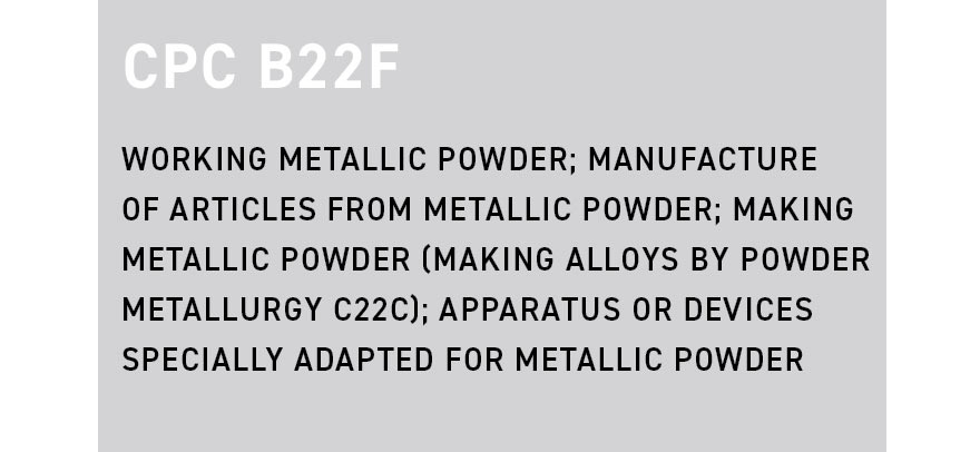 Fig. 8 A CPC classification to search for patents relating to the making of articles using metal powder. This classification (B22F) includes patents for Powder Metallurgy related processes