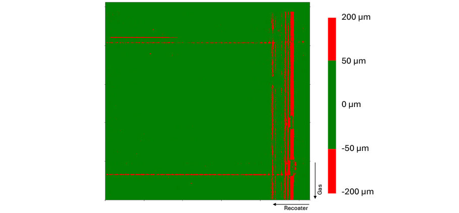 Fig. 10 Fringe Inspection layer separated so any value between +/- 50 µm is green and within bounds. Any area outside those bounds is red, denoting out of specification (Courtesy Phase3D)