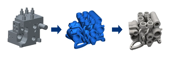 For this additively manufactured hydraulic manifold, the team leveraged the design freedom afforded by AM to redesign a part traditionally machined from a large block of aluminium. Creating more direct and better-flowing pathways between hydraulic connections increases performance while achieving significant weight savings (Courtesy Lockheed Martin)