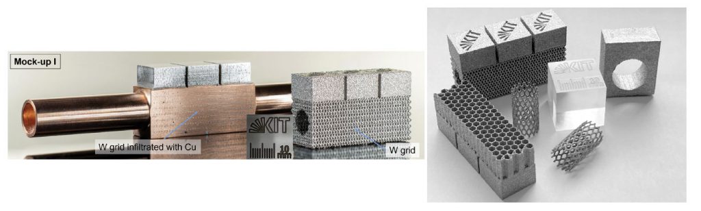 Fig. 9 PBF-EB tungsten samples built in the EUROfusion study (top photo). Mock-up for high-heat-flux testing, made by PBF-EB tungsten and copper infiltration (above photo) (Copyright © 2024 Karlsruhe Institute of Technology, CC-BY-4.0 [10])