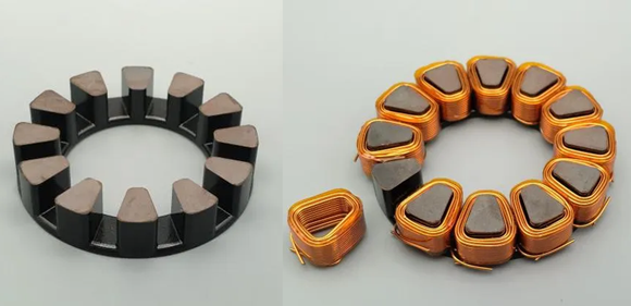 Powder magnetic core (left) and with the copper wire wound around it (right) (Courtesy Sumitomo Electric Industries)