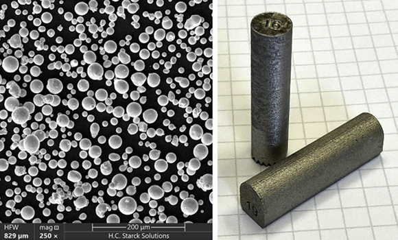 SEM image of Elmet’s C103 powder for PBF-LB (left) and the vertical and horizontal tensile blanks used in the research (Courtesy Elmet Technologies)