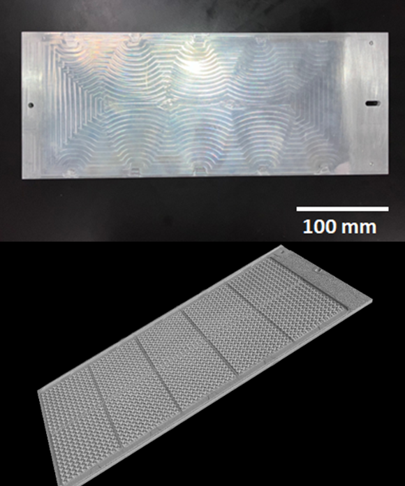 Fig. 3 Example of a large component fabricated using this diffusion bonding technique with conventional brazing. Photograph and X-ray CT images are shown (Courtesy Ricoh)
