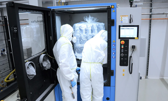 Powder is removed using a Solukon depowdering system (Courtesy Bosch)
