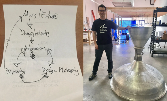 Relativity began nine years ago, with the company’s vision written on the back of a Starbucks receipt. Co-founder Tim Ellis (right) with an additively manufactured rocket engine component (Courtesy Tim Ellis/X)