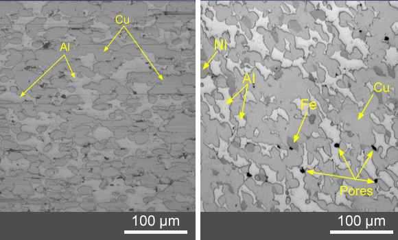 Microstructure of as-sprayed alloy (a) binary aluminium bronze (b) nickel aluminium bronze (Courtesy Camilleri S, Tran T, Duguid A, Krishnan K (2025) Cold spray as a Powder Metallurgy process for production of nickel aluminium bronze.