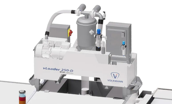 The vLoader transfers metal powders from storage via a vacuum conveyor through piping or hose, and then gently discharges into the machine’s supply hopper (Courtesy Volkmann/EOS)