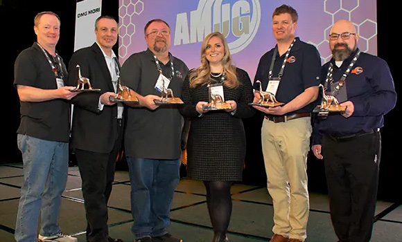 2025 DINO Award recipients (from left): Patrick Gannon, Brennon White, Dallas Martin, Amy Alexander, Ryan Kircher, and Dan Braley (Courtesy AMUG)