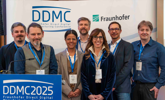 DDMC 2025 keynote speakers (left to right): Ben Hartkopp, Prof. Enrico Stoll, Dr Cynthia Wirth, conference chairman Dr Bernhard Mueller, Prof Bianca Colosimo, Dr Sebastian Piegert, Prof Wojciech Matusik (Courtesy Fraunhofer IPK/Larissa Klassen)