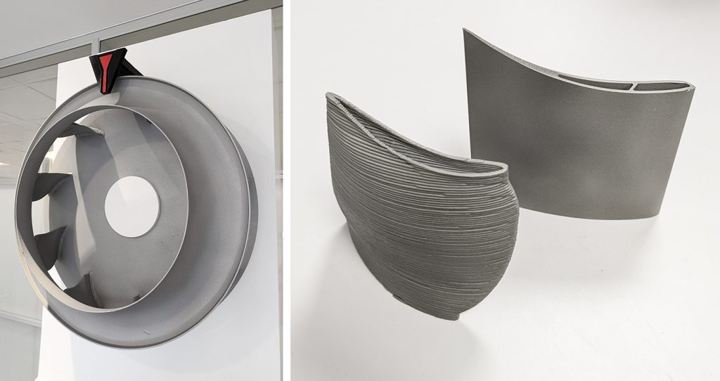 Fig. 4 Top: An HVAC fan assembly featuring seven blades produced by MMD. Below: The new Compuational Fluid Dynamics (CFD)-optimised blade geometry (left), which the customer is unable to produce today on an industrial level (Courtesy ValCUN)