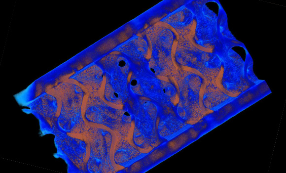 A blue and gold CT scan of a metal beam (Courtesy Penn State)