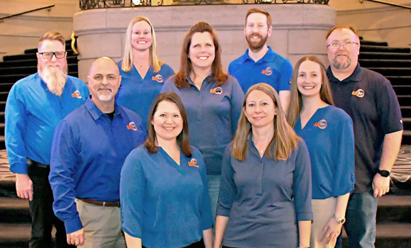 AMUG's 2025-2026 Board of Directors (from left): Front – Heather Natal and Kim Killoran; Middle – Bruce LeMaster, Shannon VanDeren, and Claire Belson Barnes; Back – Tim Bell, Robin Van Bragt, Alex Roschli, and Dallas Martin (Courtesy AMUG)