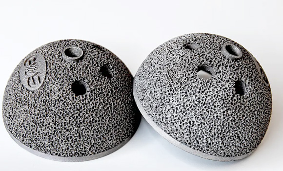 The EOS Medical Device Master File enables the production of approved medical devices, including hip cups, tibial trays, and spinal cages (Courtesy EOS)