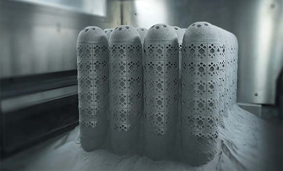 Acetabular cup stacked in the HBD 400 Additive Manufacturing machine (Courtesy HBD)