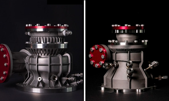 Additively manufactured oxidiser pumps for the HANBIT-Nano. The first stage is pictured on the left, with the second stage shown on the right (Courtesy Innospace)