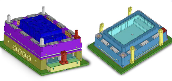 The lower mold, on the left, and the upper mold are shown fully assembled (Courtesy ORNL)