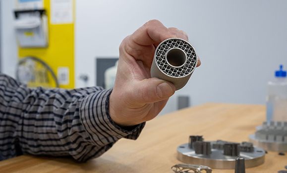 A hollow tube additively manufactured with an internal lattice structure at Dalhousie (Courtesy Dalhousie University/Cody Turner)