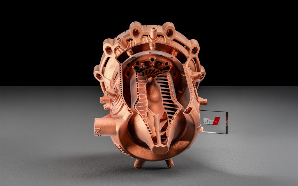 Fig. 1 The future is with us: a 5,000 Newton annular aerospike rocket engine, generated entirely using LEAP 71’s Noyron software and additively manufactured by Aconity3D as a monolithic copper component. The engine was successfully hot-fired in December 2024 (Courtesy LEAP 71)