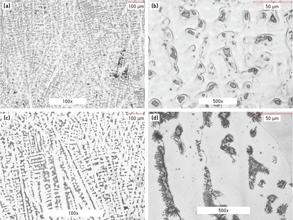 Fig. 5 Microstructure near the top of the cylinder in the as-built (a, b) and the heat-treated (c, d) state at low (a, c) and high (b, d) magnification (Courtesy Pro-beam Additive GmbH)