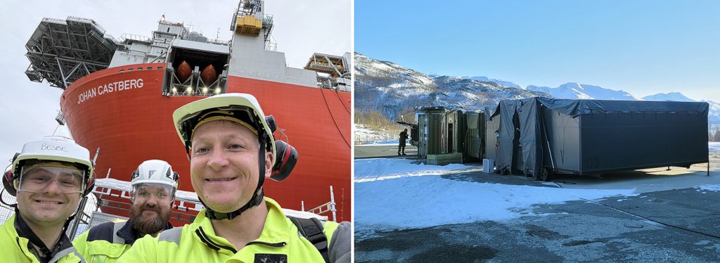 Fig. 6 Top: Offshore personnel involved in Fieldmade’s NOMAD deployment for the Johan Castberg FPSO project (Courtesy Qualified AM). Above: Fieldmade NOMAD containers in a remote, cold-weather deployment scenario (Courtesy Fieldmade)