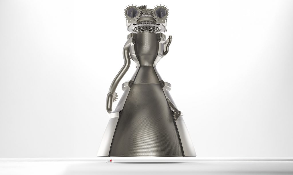 Fig. 7 Cut-through render of the XRB-2E6 rocket engine, generated using the latest version of Noyron. This 2,000,000 N (2 Meganewton) engine features a full-flow staged combustion cycle and stands at approximately 2 m tall. It represents the most advanced current rocket technology, comparable to the engines powering SpaceX’s Starship. At the top, the injector directs hot gaseous methane through dual side inlets and hot gaseous oxygen through the centre, injecting the mixture into the combustion chamber below. The chamber wall and nozzle are cooled by an intricate network of channels through which methane propellant flows before being fed into the turbopump. The engine is now moving into manufacturing validation, with hot-fire testing targeted for late 2028 (Render courtesy LEAP 71)