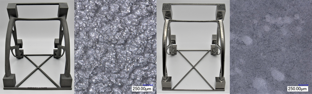 Fig. 7 PBF-EB/Ti-6Al-4V components for JPL, shown as-built and after surface finishing using REM’s Extreme ISF Process [7] 