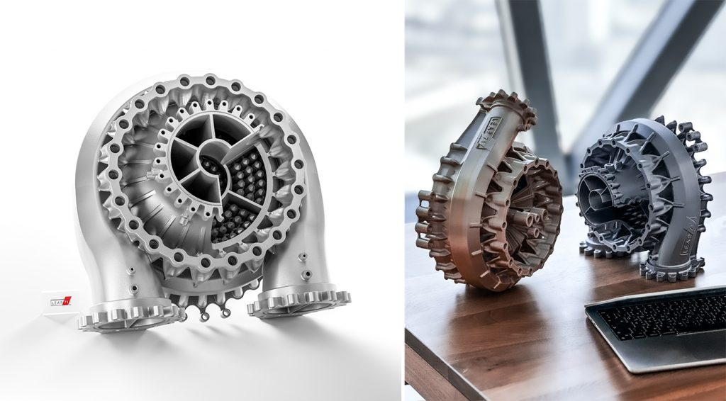 Fig. 8 Left: Render of the injector head for a 2,000,000 N (2 Meganewton) rocket engine featuring a full-flow staged combustion cycle. This advanced engine technology is comparable to the engines powering SpaceX’s Starship. The injector directs hot gaseous methane through dual side inlets and hot gaseous oxygen through the centre before injecting the mixture into the combustion chamber. Right: Sub scale variants of the 2 MN engine injector head. Both support engines of 60,000 N. The left one is a gas-generator cycle engine, which takes in cryogenic liquid oxygen on the side before it mixes it with the methane coming from the regenerative cooling channels. The right injector supports full-flow staged combustion and takes in hot gaseous methane through twin inlets on the side and hot gaseous oxygen through a central inlet (Courtesy LEAP 71)