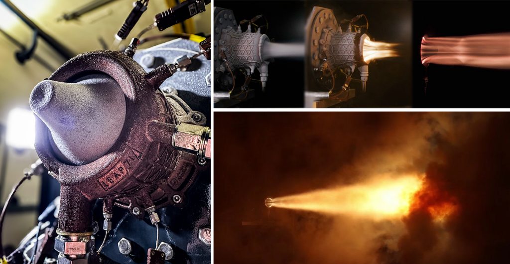 Fig. 10 Top: Aerospike rocket engine shortly before successful hot firing in December 2024. Middle: Aerospike rocket engine hot-fire sequence. Above: Aerospike rocket engine hot-fire (Courtesy LEAP 71)