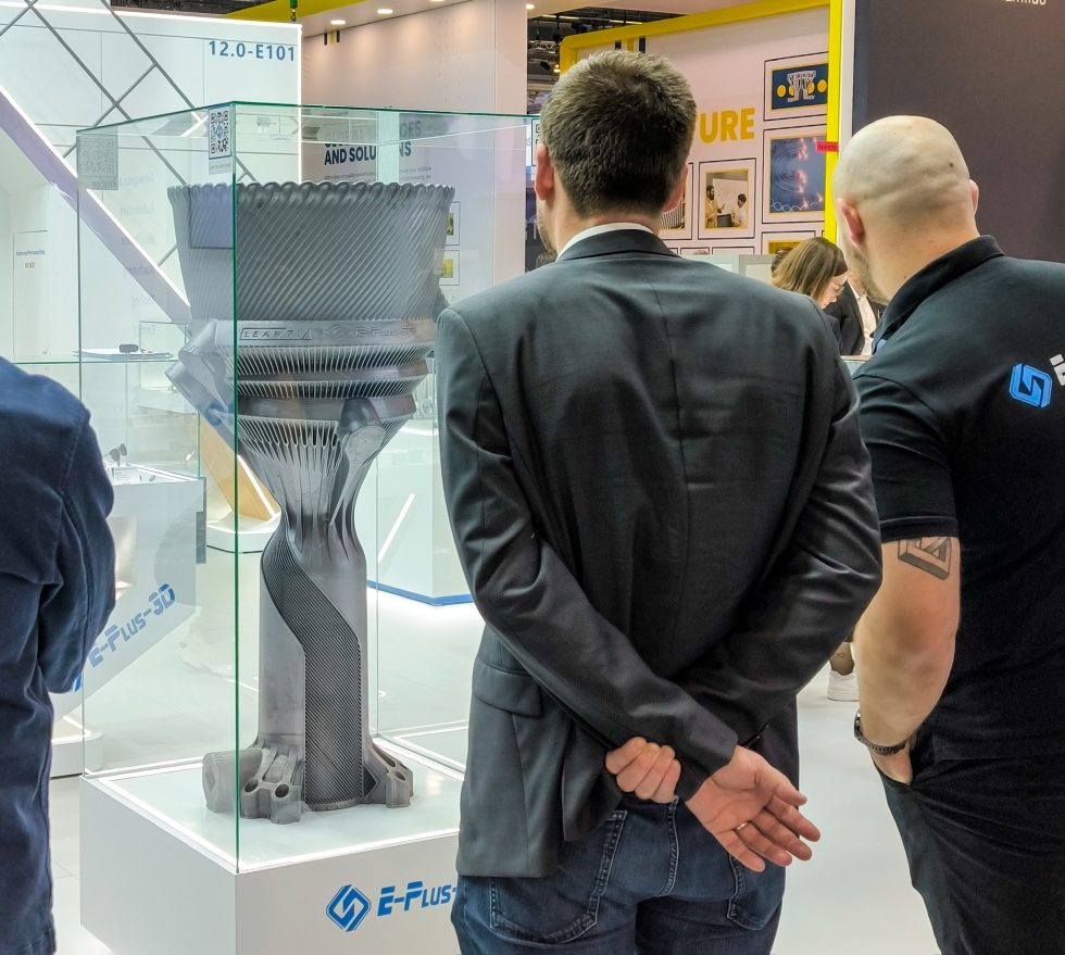 Fig. 13 Eplus3D and LEAP 71 produced the world’s largest additively manufactured rocket thruster, exhibited at Formnext 2024. Built in a single 354 hour run on the EP-M650H, the 650 x 650 x 1600 mm thruster features a fully integrated design enabled by LEAP 71’s Noyron software (Courtesy LEAP 71)