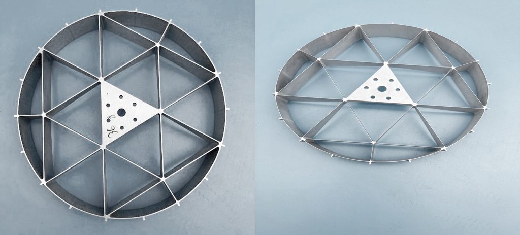 Fig. 17 Prototype MSR Fetch Helicopter wheels, shown as-built (left) and after Chemical Polishing (right) [11]