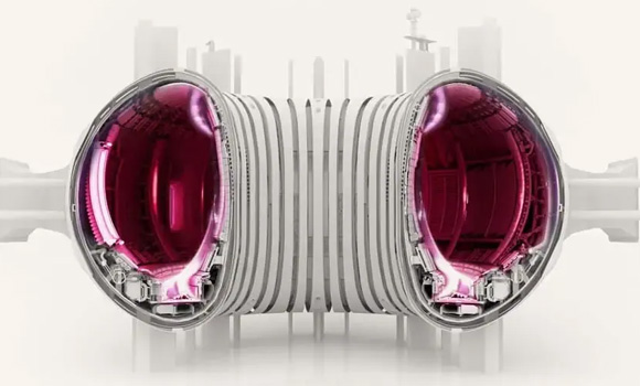 To produce energy from fusion, a combination of hydrogen gases – deuterium and tritium – are heated to over 100 million degrees Celsius. The gas becomes a plasma and the nuclei combine to form a helium nucleus and a neutron, with a tiny fraction of the mass converted into fusion energy. A plasma with millions of these reactions every second can provide a huge amount of energy from very small amounts of fuel (Courtesy UKAEA)