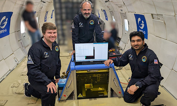 From left, Colton Bevel, research engineer at the Auburn University Research and Innovation Campus in Huntsville, Masoud Mahjouri-Samani, associate professor of electrical and computer engineering, and Aarsh Patel, a graduate student in electrical and computer engineering (Courtesy Auburn University)