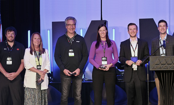 2025 Ambassador Award recipients. From left: Thomas Pomorski, Stacey Eeman, Mark Shaw, Samantha Snabes, Andrew Thompson and Rich Wetzel; David Beck is not pictured (Courtesy America Makes)