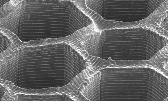 Microscopy image featuring layered hexagons (Courtesy California Institute of Technology)