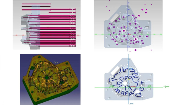Design of the cooling channels: (top) Instead of conventional pin cooling, (bottom) the new shape contains a complex network of conformal cooling channels (Courtesy MacLean Additive)