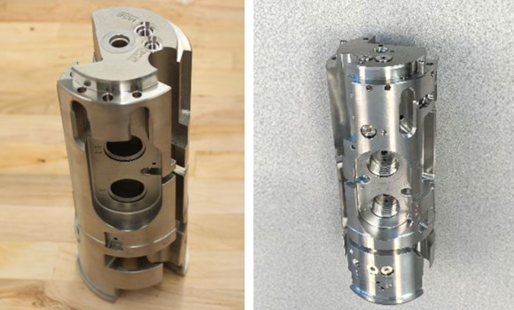 Burloak’s additively manufactured hydraulic manifold (left) versus the conventionally manufactured equivalent (right) (Courtesy Kinectrics)