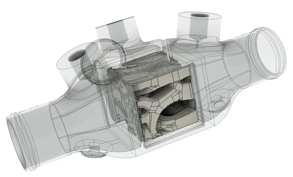 Assembly of the optimized design within the heat exchanger casing in a see-through (Courtesy ToffeeX)