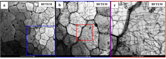Transmission electron microscopy images of AM and heat-treated A709, revealing a high number of dislocations in their microstructures (Courtesy Argonne National Laboratory)
