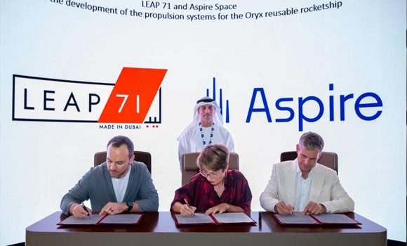 The signing ceremony between Leap 71 and Aspire Space in the presence of HE Minister Dr Ahmad Belhoul Al Falasi chairman of the UAE Space Agency, took place during the Dubai Airshow (Courtesy LEAP 71) 