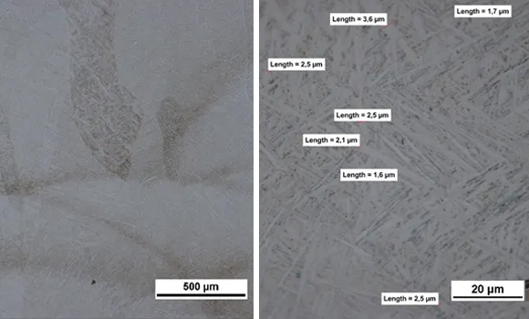 Area of the Ti6Al4V grade 23 alloy, observed at 50X (left) and 1000X (right) in an optical microscope after etching with the Kroll reagent, followed by the Weck reagent (Courtesy ATILA Project)