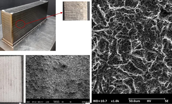 Block manufactured for the ATILA Prototype Ti6Al4V G23, sandblasted surface at the bottom left and after several surface treatments on the right (Courtesy ATILA Project)