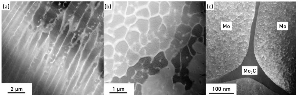 Fig. 9 STEM images of the cellular subgrain microstructure of Mo-0.45 wt.%C. (a, b) α-Mo cells surrounded by Mo2C carbide in the inter-dendritic regions. (c) Three Mo cells with inter-dendritic Mo2C carbide [11]
