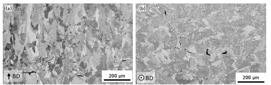 Fig. 10 Etched OM images of PBF-LB tungsten with 0.2 wt.% C addition (PBF-LB W-C), showing (a) side view and (b) top view [13] 