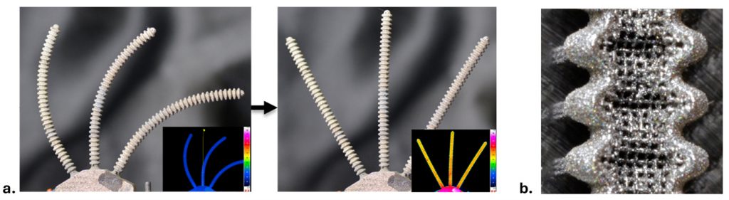 Fig. 11 a) Photographs and thermal imaging (lower right corners) of a three-branch shape-memory alloy heat pipe assembly. Upon heating in the lower evaporator, the corrugated heat pipe arms recover from their deformed configuration to the original radial shape. b) A detailed cutaway image shows the rastered wick structure inside the corrugated heat pipe (Courtesy of the authors/Penn State, supported by NASA SST programme)